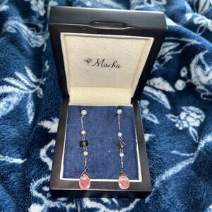 Mischa Sterling Silver Dangle Earrings pearls, cherry quartz, smoky quartz